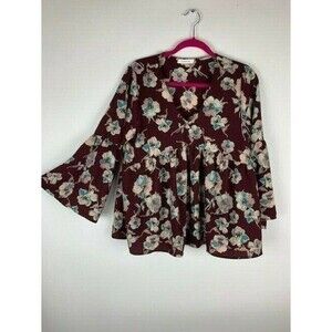 Cherish Womans Top Size M Burgandy Floral Long Bell Sleeve V Neck